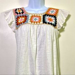 THML White Top with Multicolor Crochet Detail